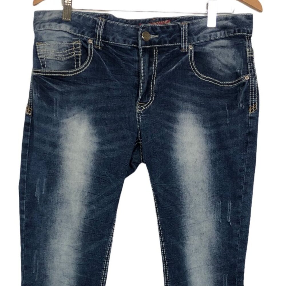 RawX Stretch Mens Jeans Sz 32 Distressed Contrast Double Stitching Med Dark Wash - Picture 5 of 11
